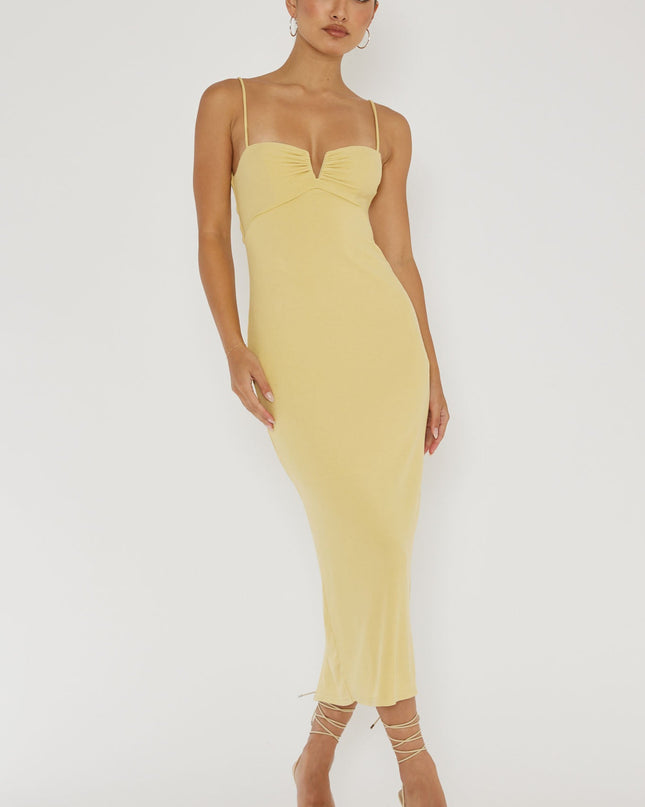 Lemon Twist Back Ribbed Midi Dress