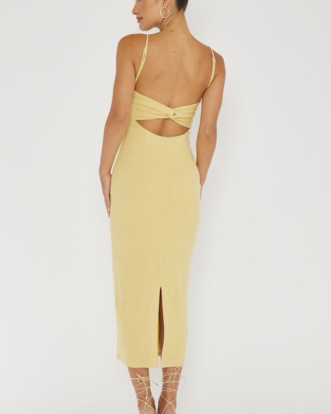 Lemon Twist Back Ribbed Midi Dress