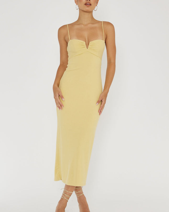 Lemon Twist Back Ribbed Midi Dress