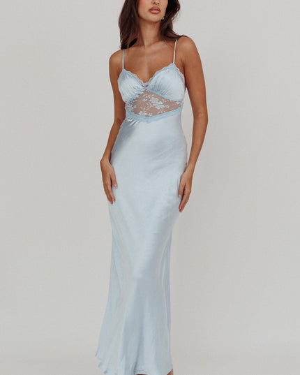 Steel Blue Lace Trim Maxi Dress