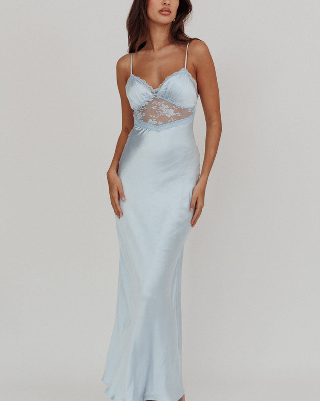 Steel Blue Lace Trim Maxi Dress