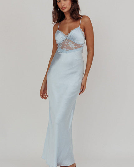 Steel Blue Lace Trim Maxi Dress