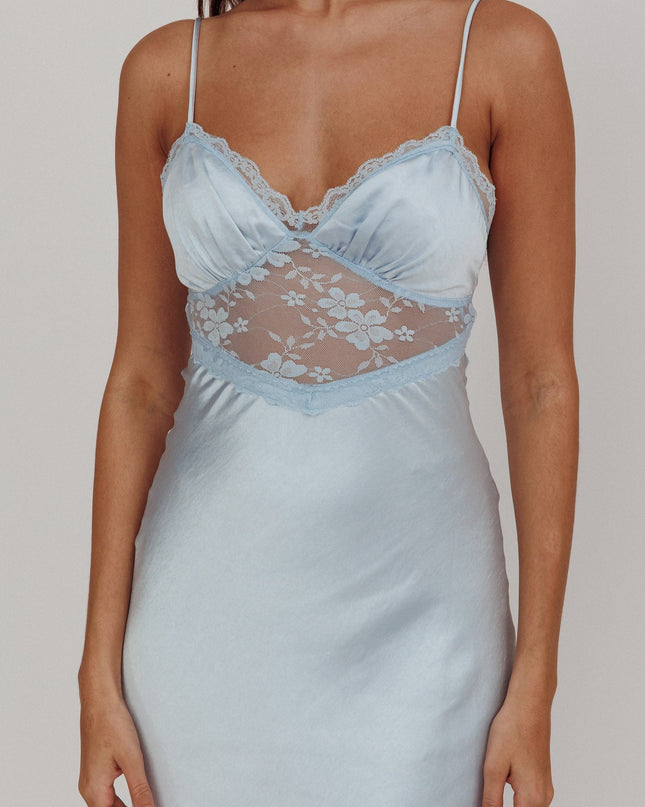 Steel Blue Lace Trim Maxi Dress