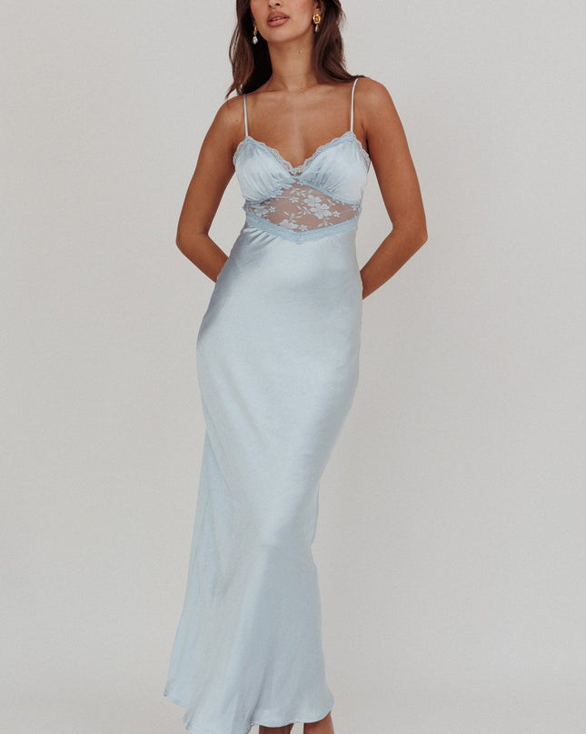 Steel Blue Lace Trim Maxi Dress