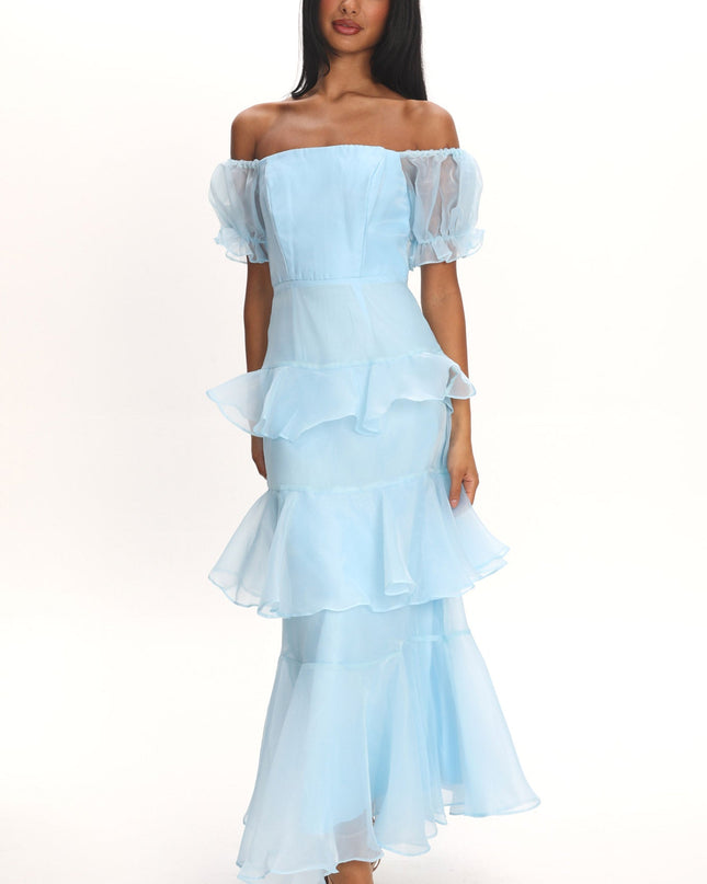 Blue Puff Sleeve Layered Midi Dress