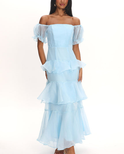 Blue Puff Sleeve Layered Midi Dress