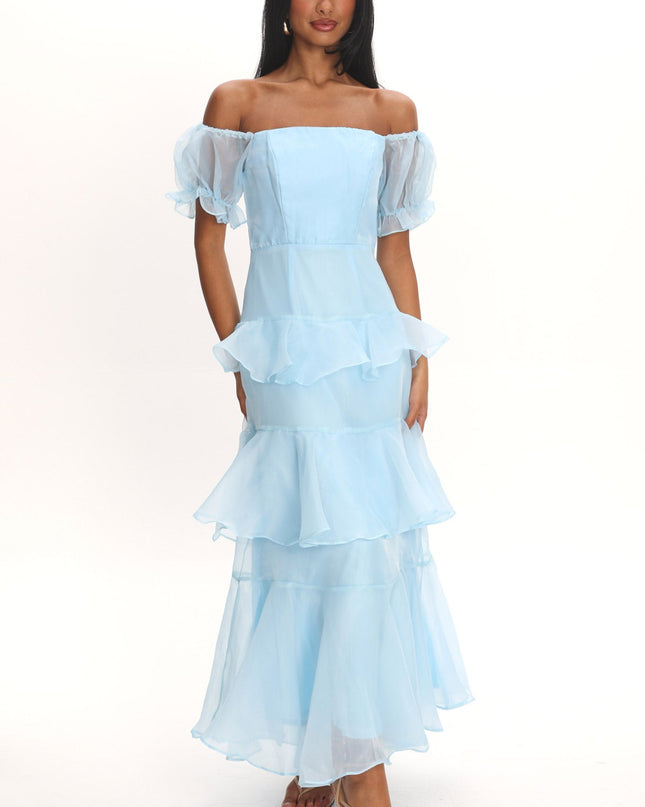 Blue Puff Sleeve Layered Midi Dress
