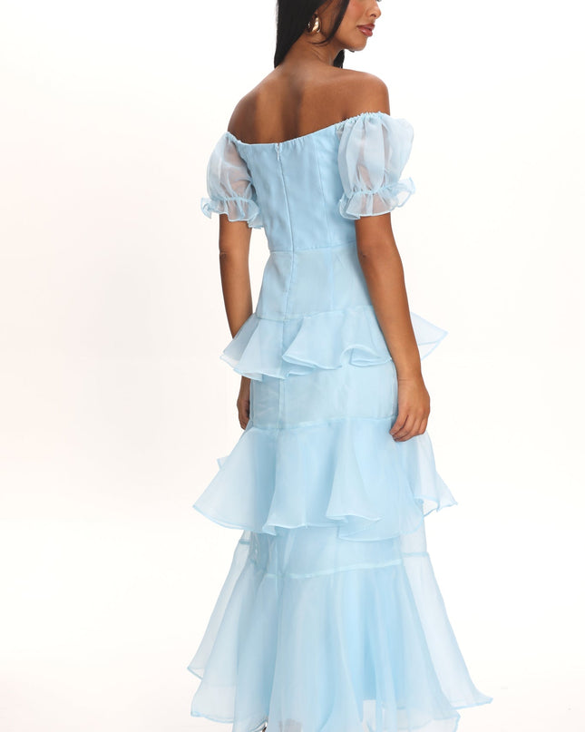 Blue Puff Sleeve Layered Midi Dress