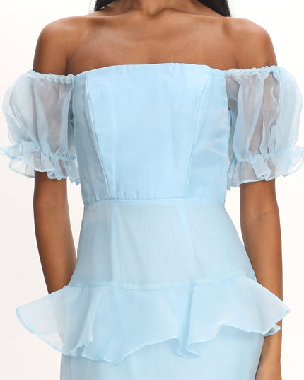 Blue Puff Sleeve Layered Midi Dress