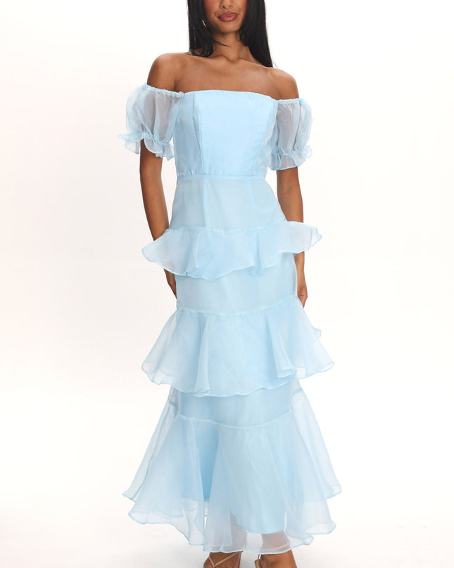 Blue Puff Sleeve Layered Midi Dress