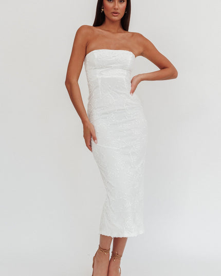 White Strapless Embroidered Midi Dress