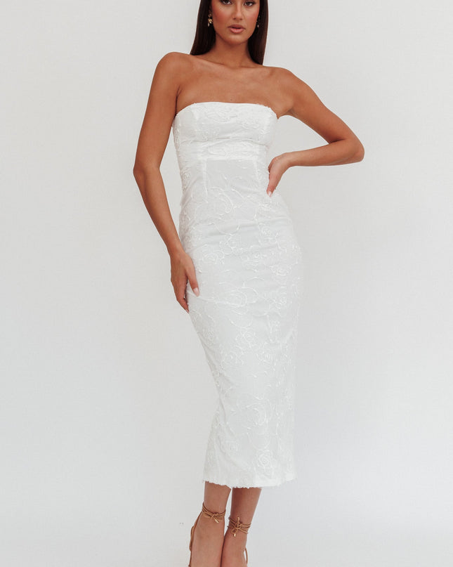 White Strapless Embroidered Midi Dress