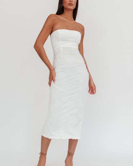 White Strapless Embroidered Midi Dress