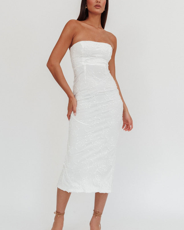 White Strapless Embroidered Midi Dress