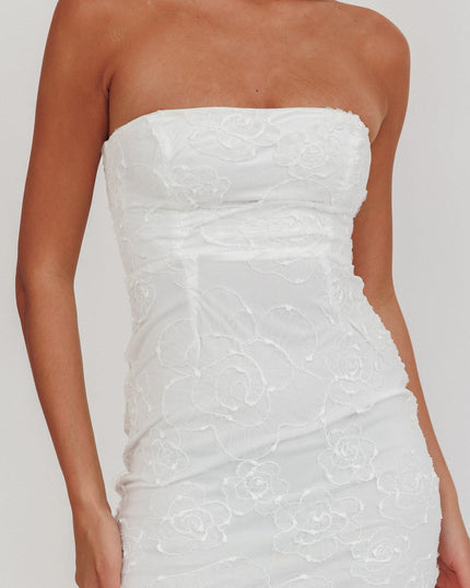 White Strapless Embroidered Midi Dress