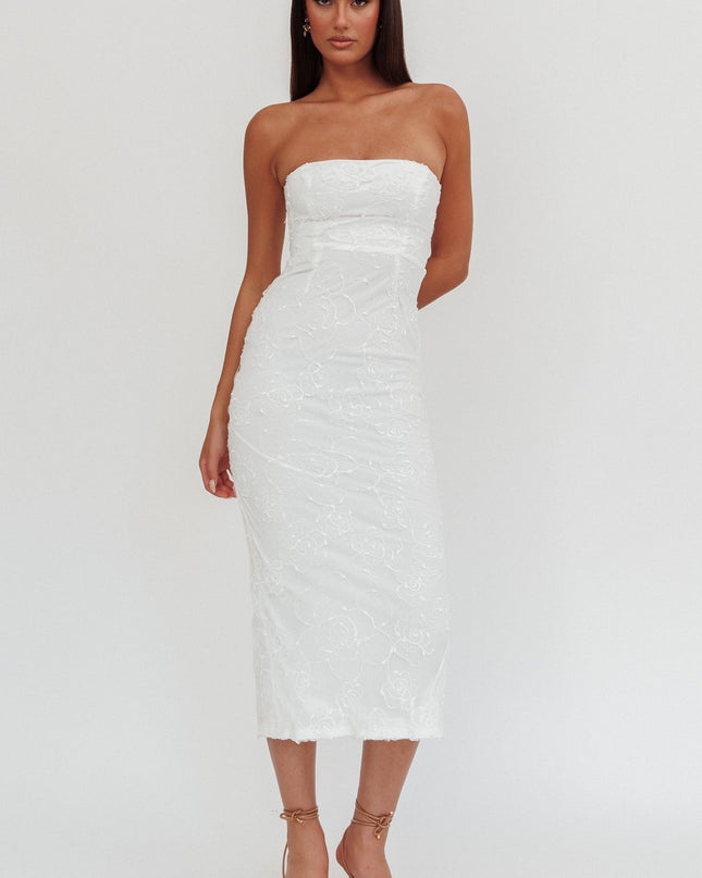 White Strapless Embroidered Midi Dress