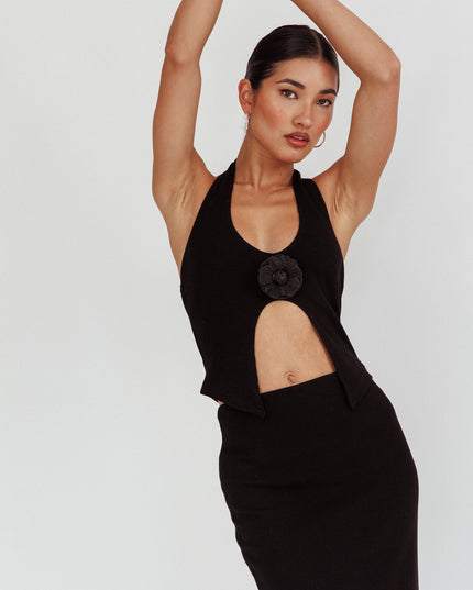 Black Halter Neck Rosette Top
