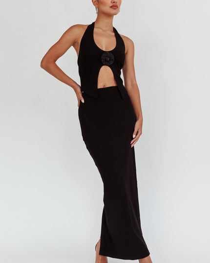 Black Halter Neck Rosette Top