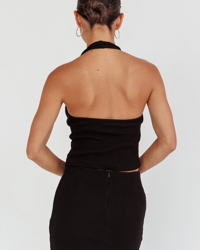 Black Halter Neck Rosette Top