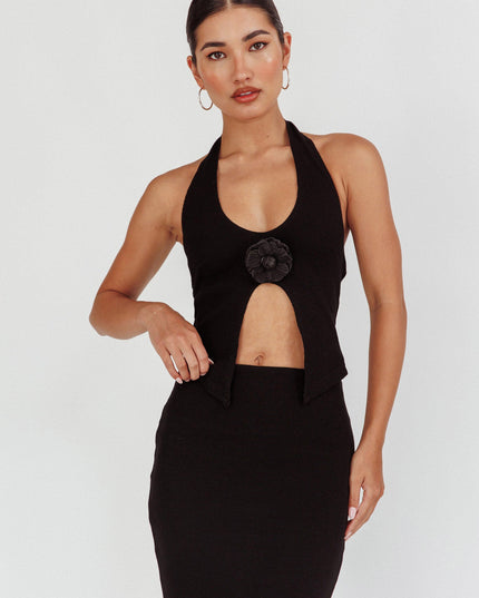 Black Halter Neck Rosette Top