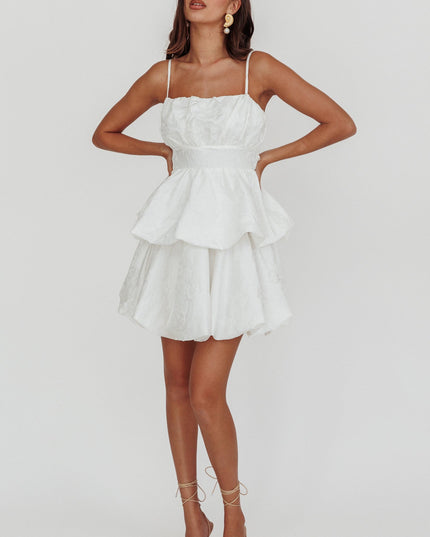 White Bubble Hem Bow Mini Dress Jacquard