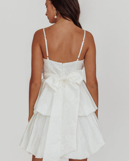 White Bubble Hem Bow Mini Dress Jacquard