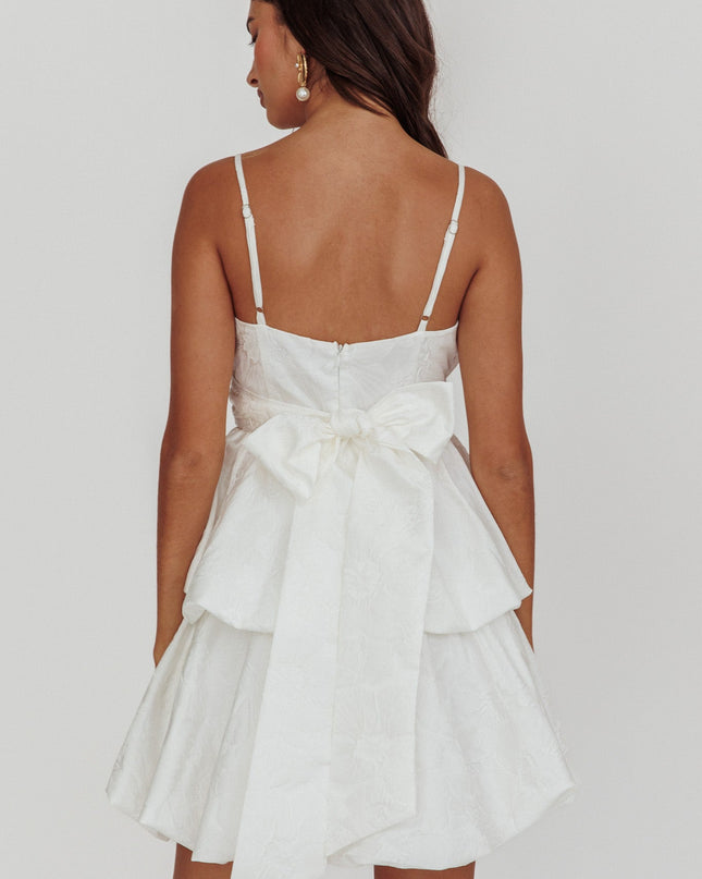 White Bubble Hem Bow Mini Dress Jacquard