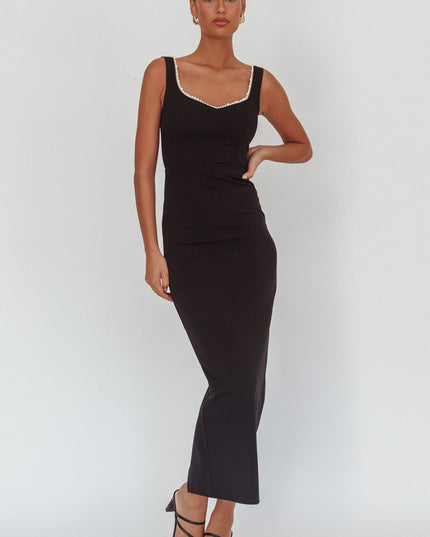 Black Moment Pearl Trim Maxi Dress