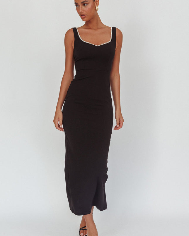 Black Moment Pearl Trim Maxi Dress