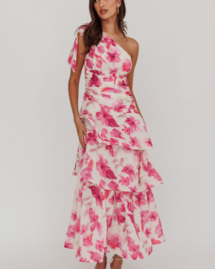Pink One Shoulder Tiered Floral Maxi Dress