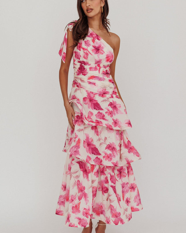 Pink One Shoulder Tiered Floral Maxi Dress