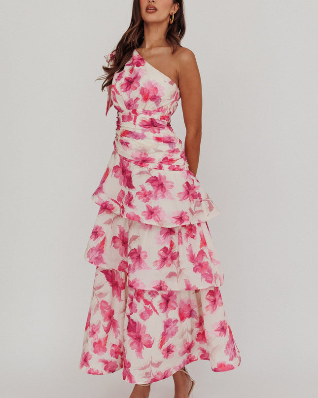 Pink One Shoulder Tiered Floral Maxi Dress