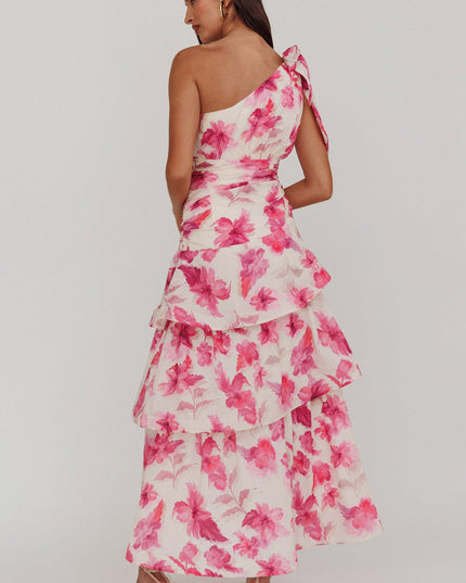 Pink One Shoulder Tiered Floral Maxi Dress