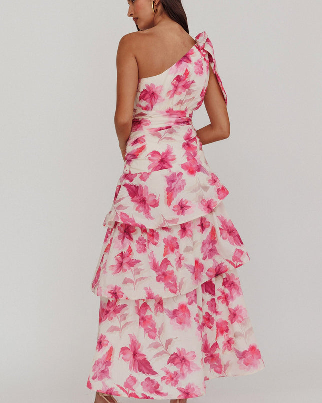 Pink One Shoulder Tiered Floral Maxi Dress