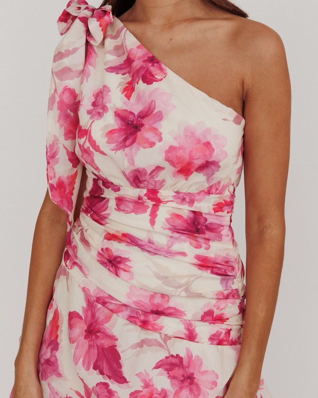 Pink One Shoulder Tiered Floral Maxi Dress
