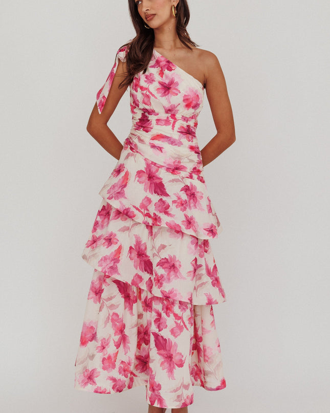 Pink One Shoulder Tiered Floral Maxi Dress