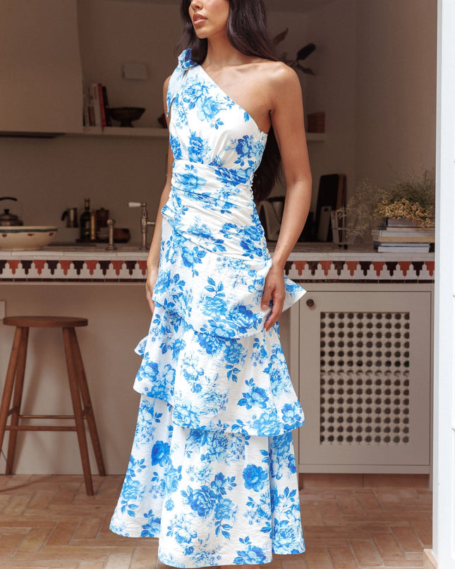 Blue One Shoulder Tiered Maxi Dress