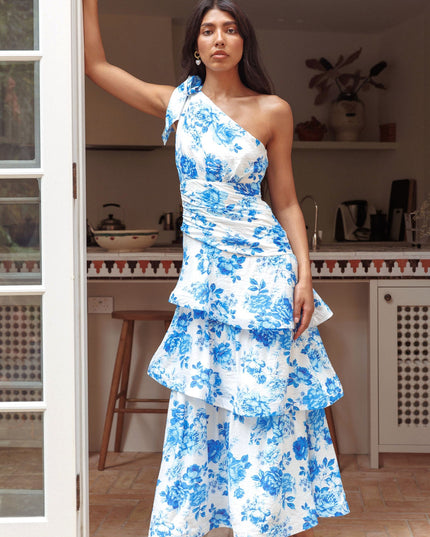 Blue One Shoulder Tiered Maxi Dress