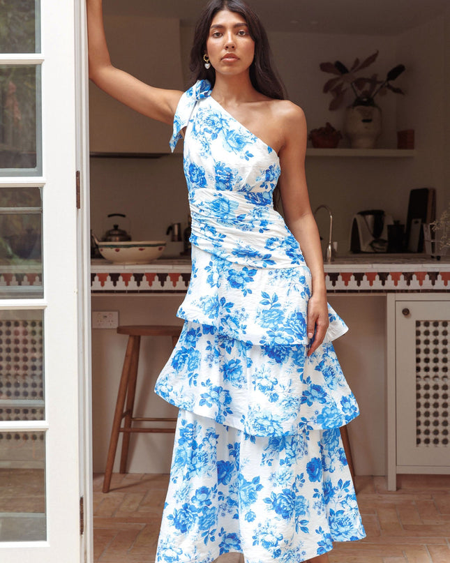 Blue One Shoulder Tiered Maxi Dress