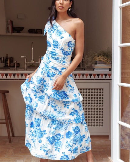 Blue One Shoulder Tiered Maxi Dress