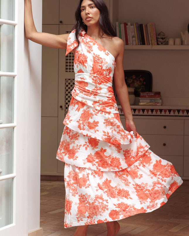 Orange One Shoulder Tiered Maxi Dress