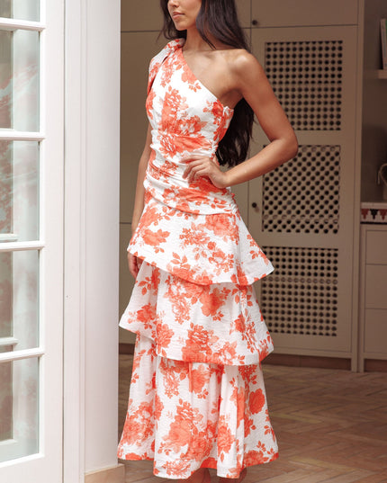 Orange One Shoulder Tiered Maxi Dress