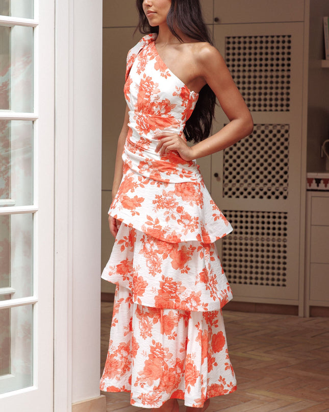 Orange One Shoulder Tiered Maxi Dress