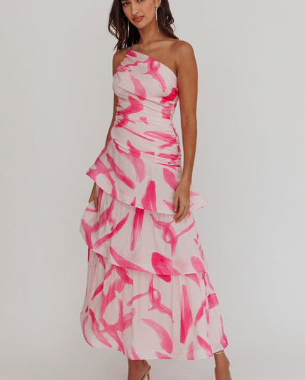 Pink One Shoulder Tiered Maxi Dress Print