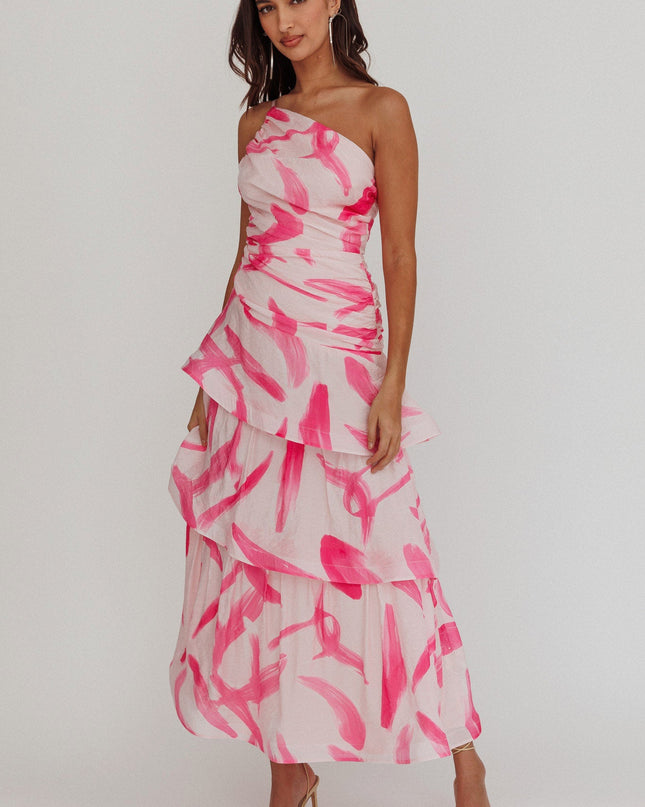 Pink One Shoulder Tiered Maxi Dress Print