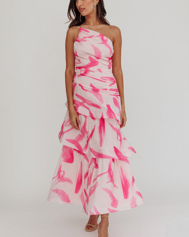 Pink One Shoulder Tiered Maxi Dress Print