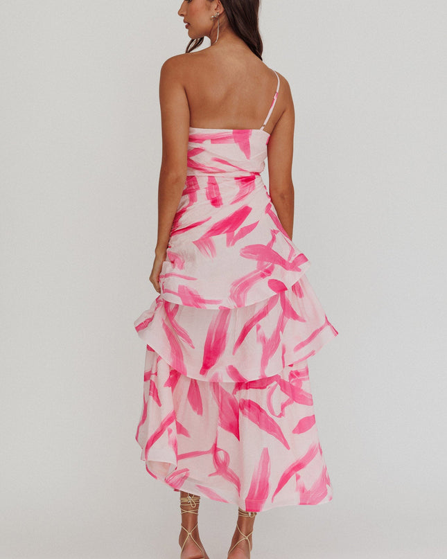 Pink One Shoulder Tiered Maxi Dress Print