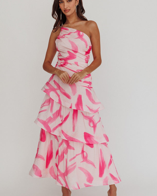 Pink One Shoulder Tiered Maxi Dress Print