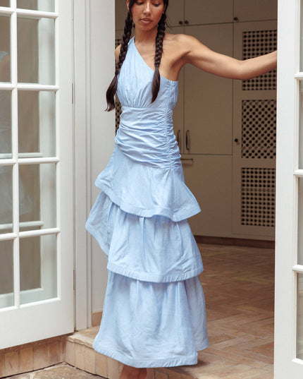 Blue One Shoulder Tiered Maxi Dress Solid
