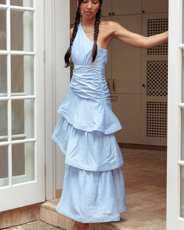 Blue One Shoulder Tiered Maxi Dress Solid